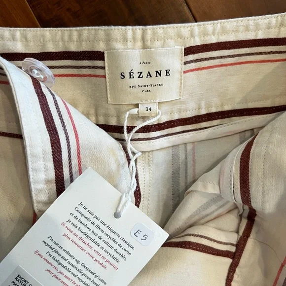 NWT Linen / Cotton Sézane Cedric Shorts / Size 2 (34) / Striped Beige Pink Brown